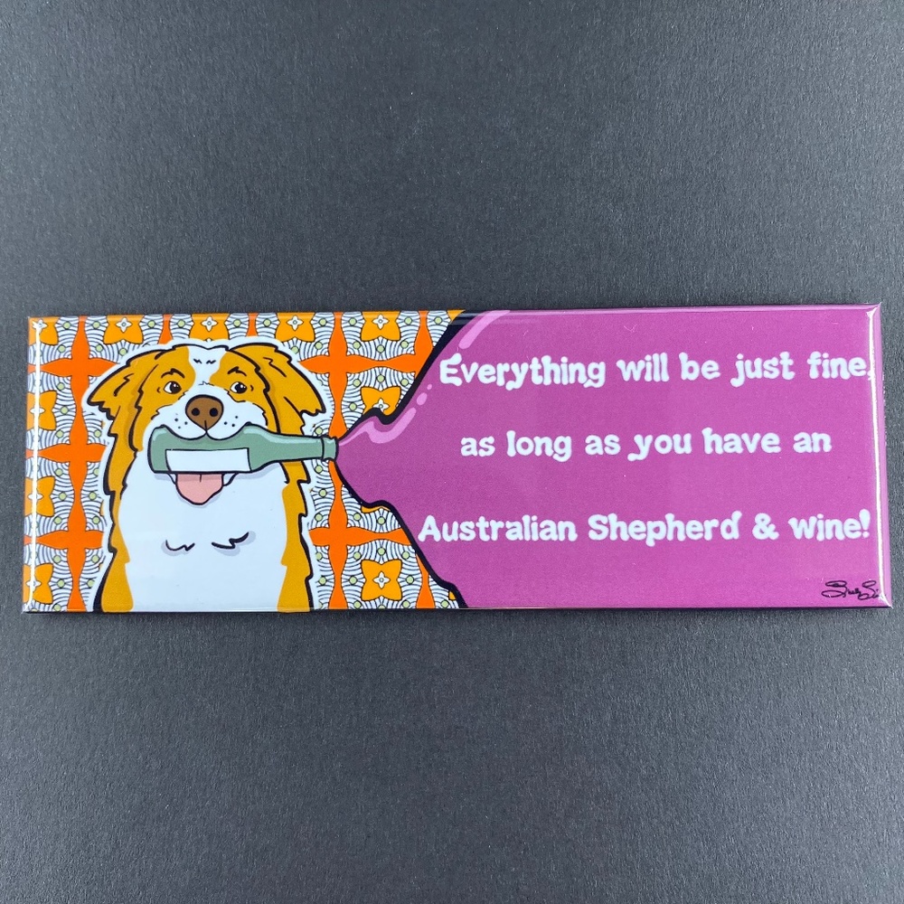 Red Bicolor Australian Shepherd Dog and Wine Magnet Handmade Bar Decor & Gifts